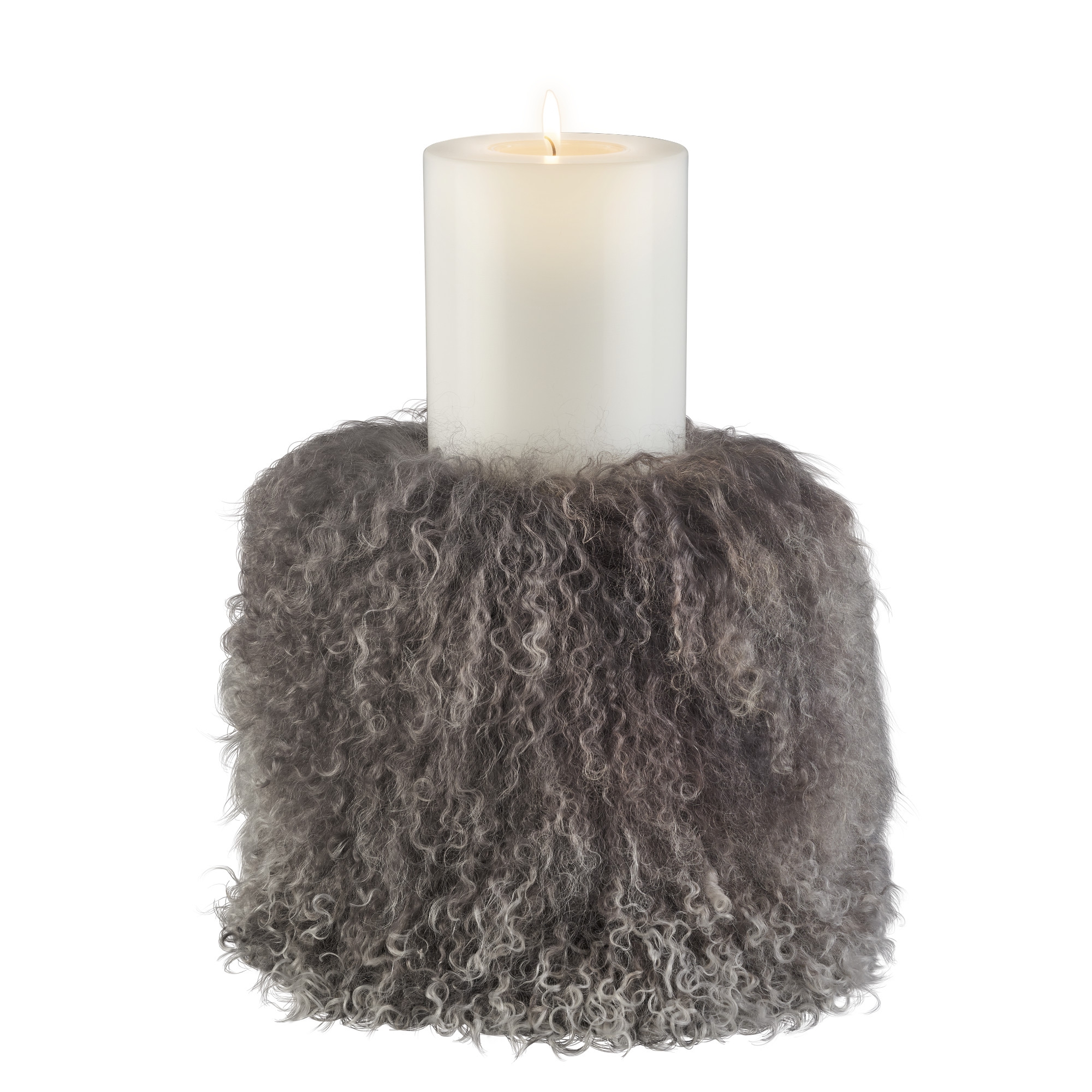 Qult Farluce Candle Real Fur - Tibet Lamb Grau - Candle Cover - Ø 10 cm x H Fur 20 cm