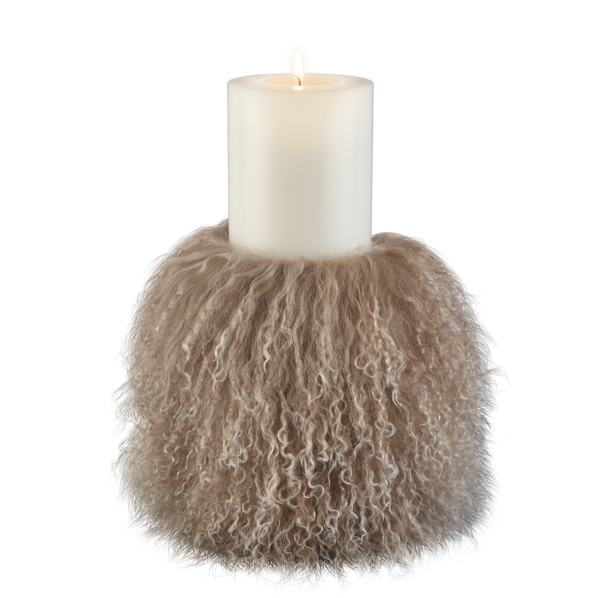 Qult Farluce Candle Real Fur - Tibet Lamb Taupe - Candle Cover - Ø 10 cm x H Fur 20 cm