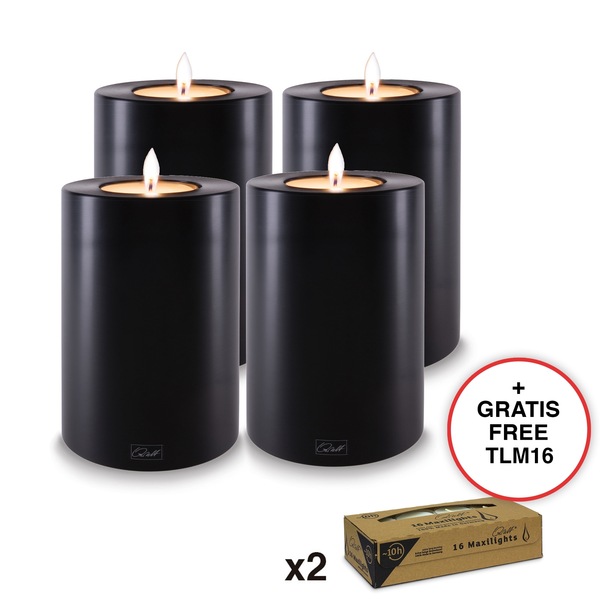 Qult Farluce Trend - Tealight Candle Holder - black - Ø 10 cm H 15 cm + 2 x TLM16 - Set of 4