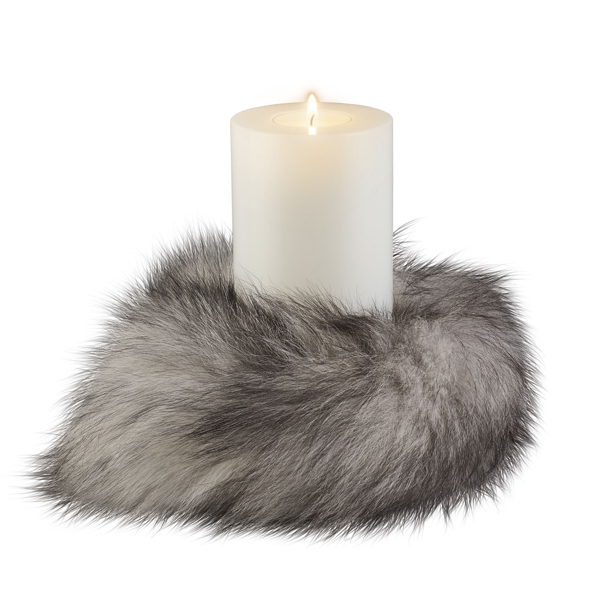 Qult Farluce Candle Real Fur - Fox Fur Grey - Candle Ring - Ø 8 cm x H Fur 8 cm
