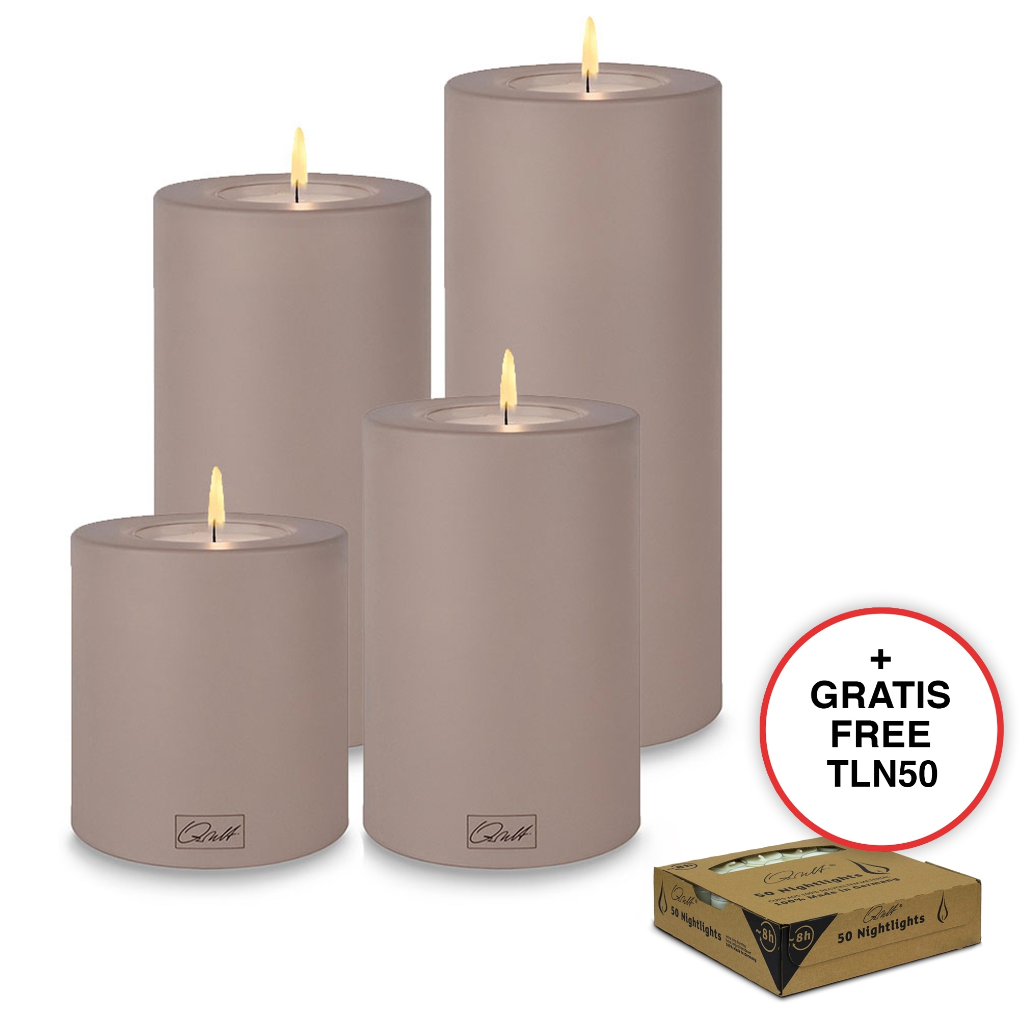 Qult Farluce Trend - Tealight Candle Holder - Taupe - Ø 8 cm H 9 + 12 + 15 + 18 cm - Set of 4