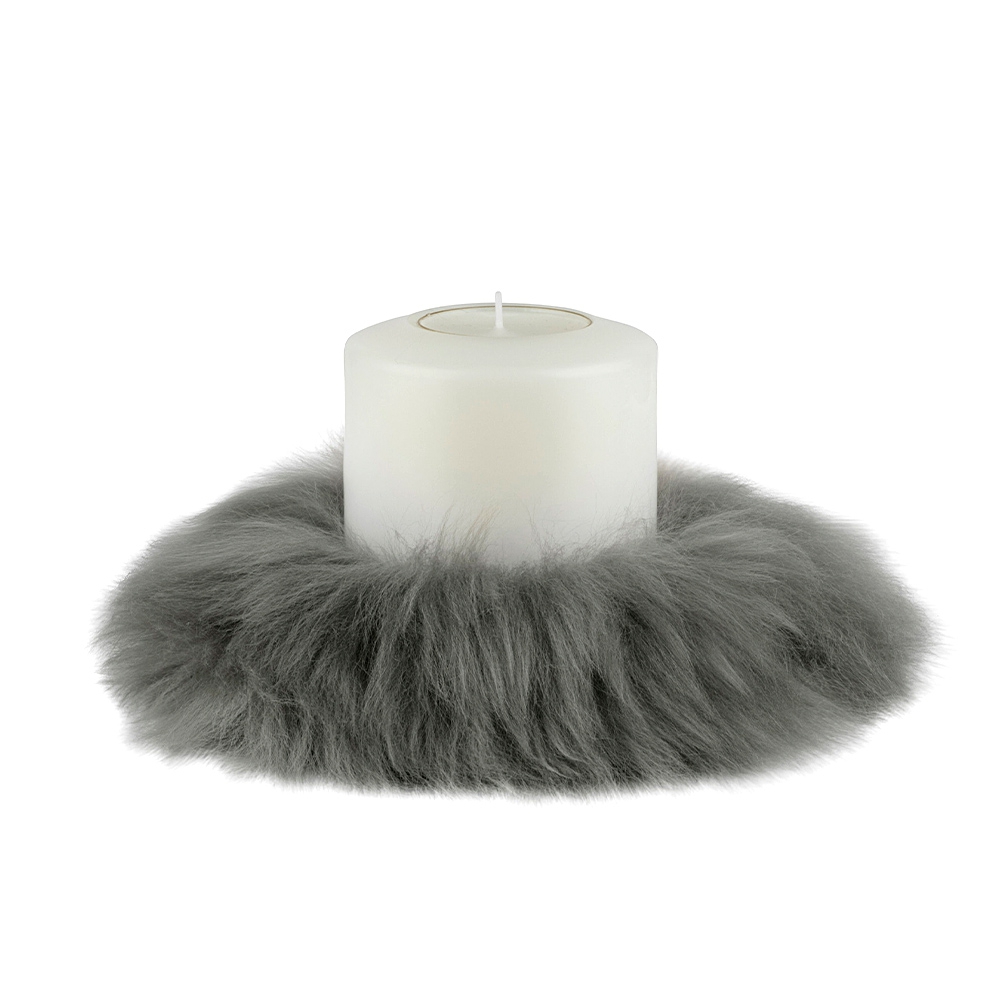 Qult Farluce Candle Real Fur - Merino Lamb Grey - Candle Ring - Ø 8 cm x H Fur 5 cm