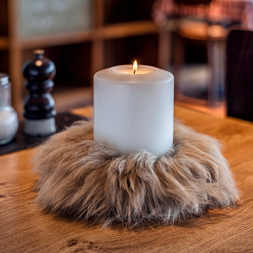 Qult Farluce candle real fur - Merino Lamb Taupe - Candle Ring - Ø 8 cm x H Fur 5 cm
