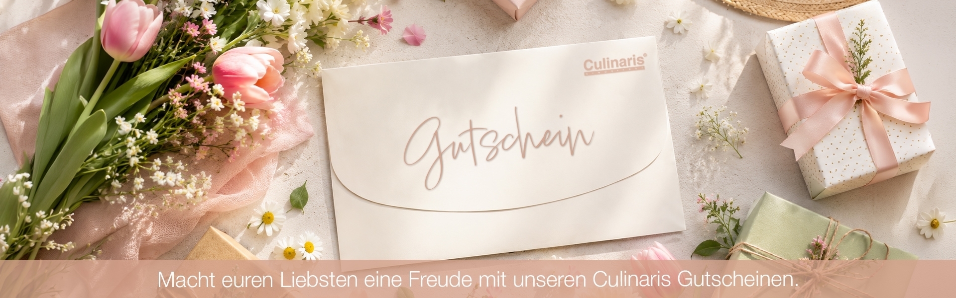 CulinariS voucher with flowers and wrapped gifts