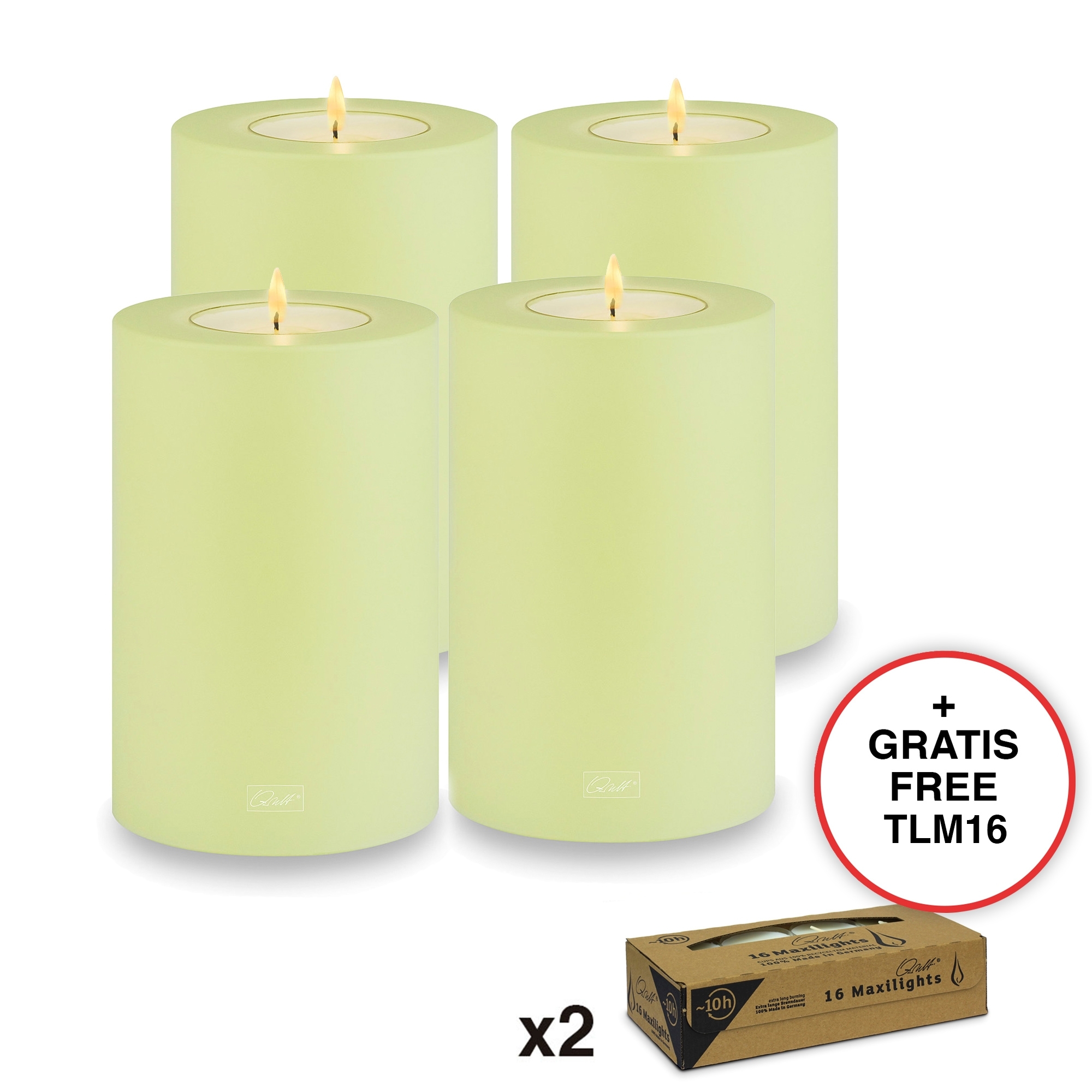 Qult Farluce Trend - Tealight Candle Holder - lime - Ø 10 cm H 15 cm + 2 x TLM16 - Set of 4