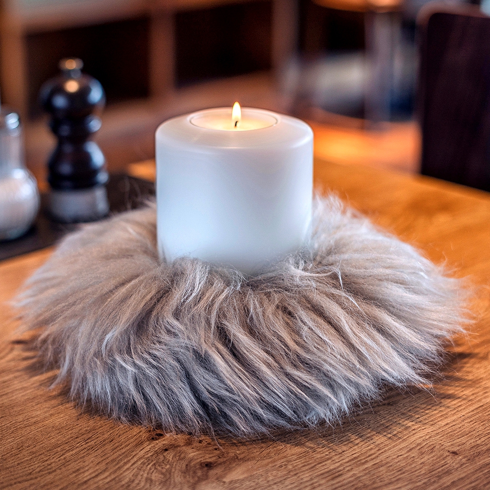 Qult Farluce candle real fur - Merino Lamb Taupe - Candle Ring - Ø 8 cm x H Fur 5 cm