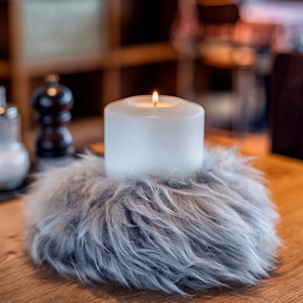 Qult Farluce Candle Real Fur - Merino Lamb Grey - Candle Ring - Ø 8 cm x H Fur 5 cm
