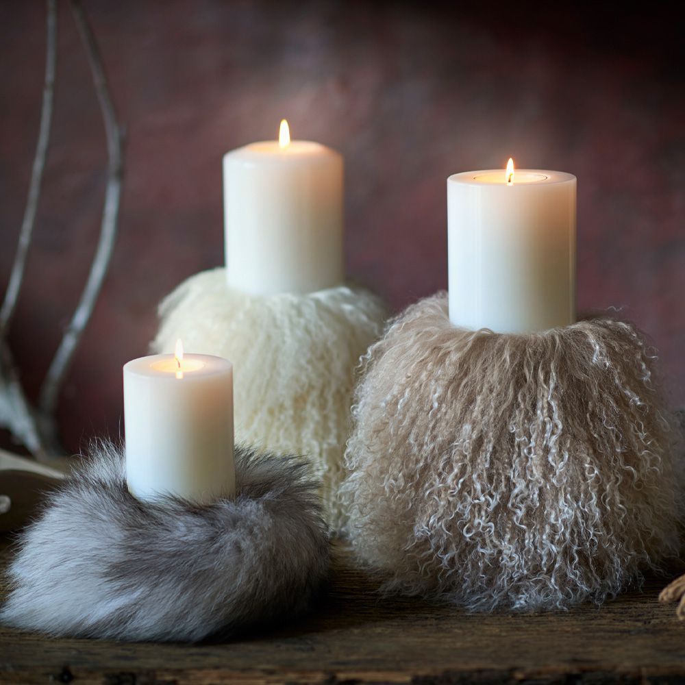Qult Farluce Candle Real Fur - Tibet Lamb Grau - Candle Cover - Ø 10 cm x H  Fur