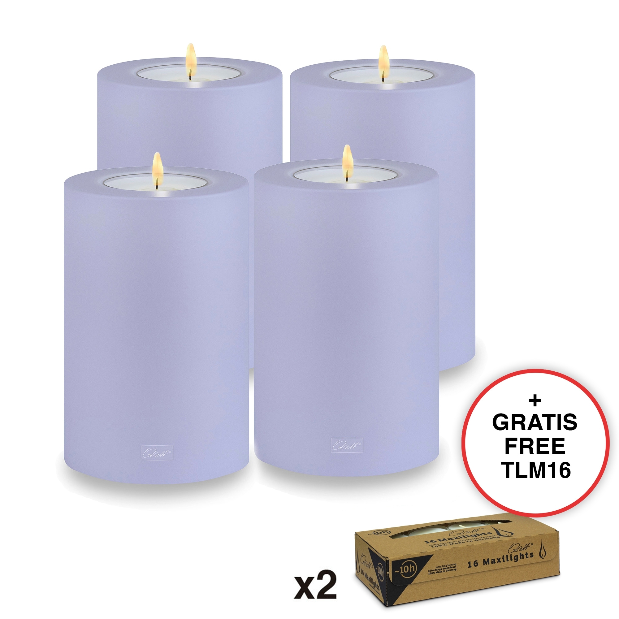 Qult Farluce Trend - Tealight Candle Holder - lavender - Ø 10 cm H 15 cm + 2 x TLM16 - Set of 4
