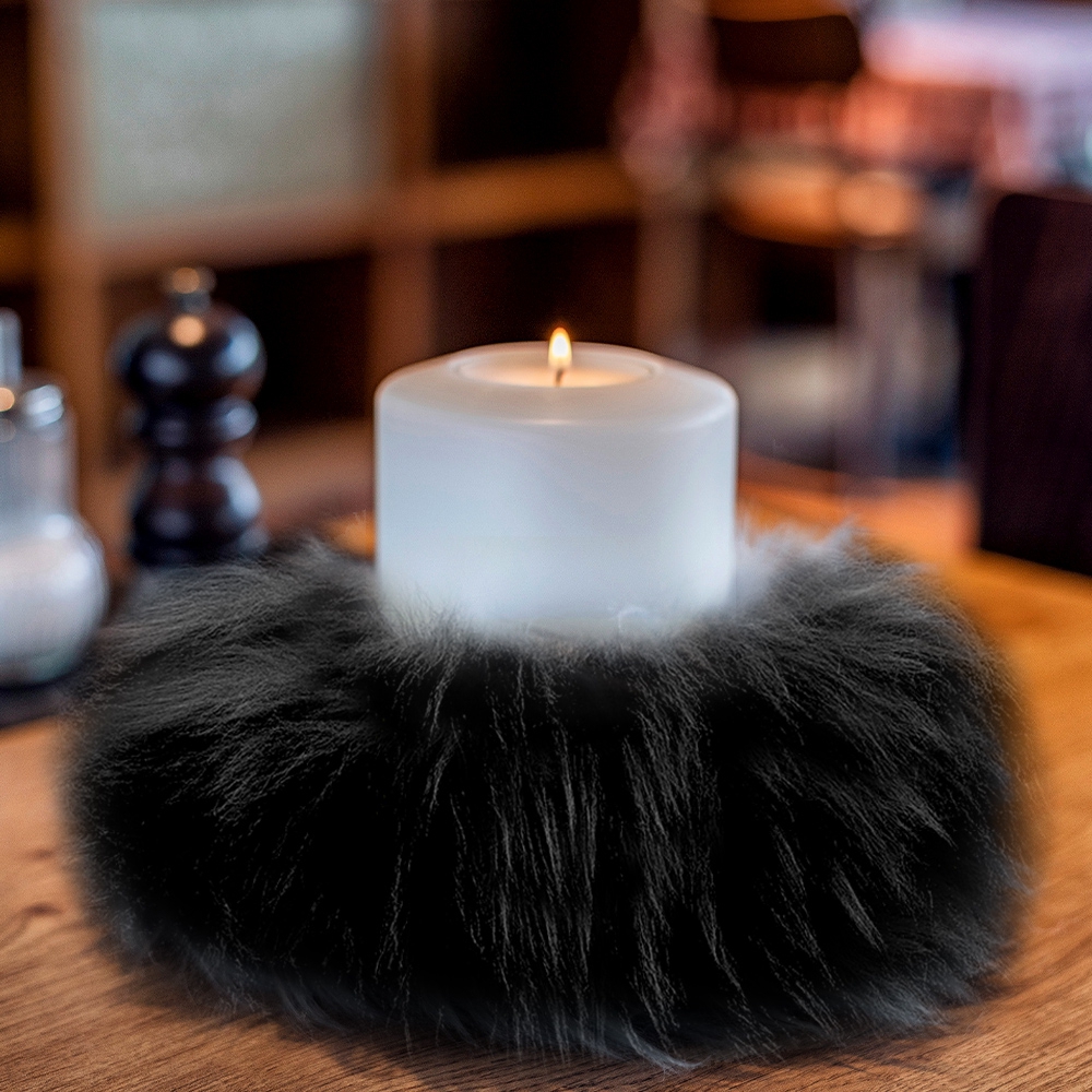 Qult Farluce candle real fur - Merino Lamb black - Candle Ring - Ø 8 cm x H Fur 5 cm